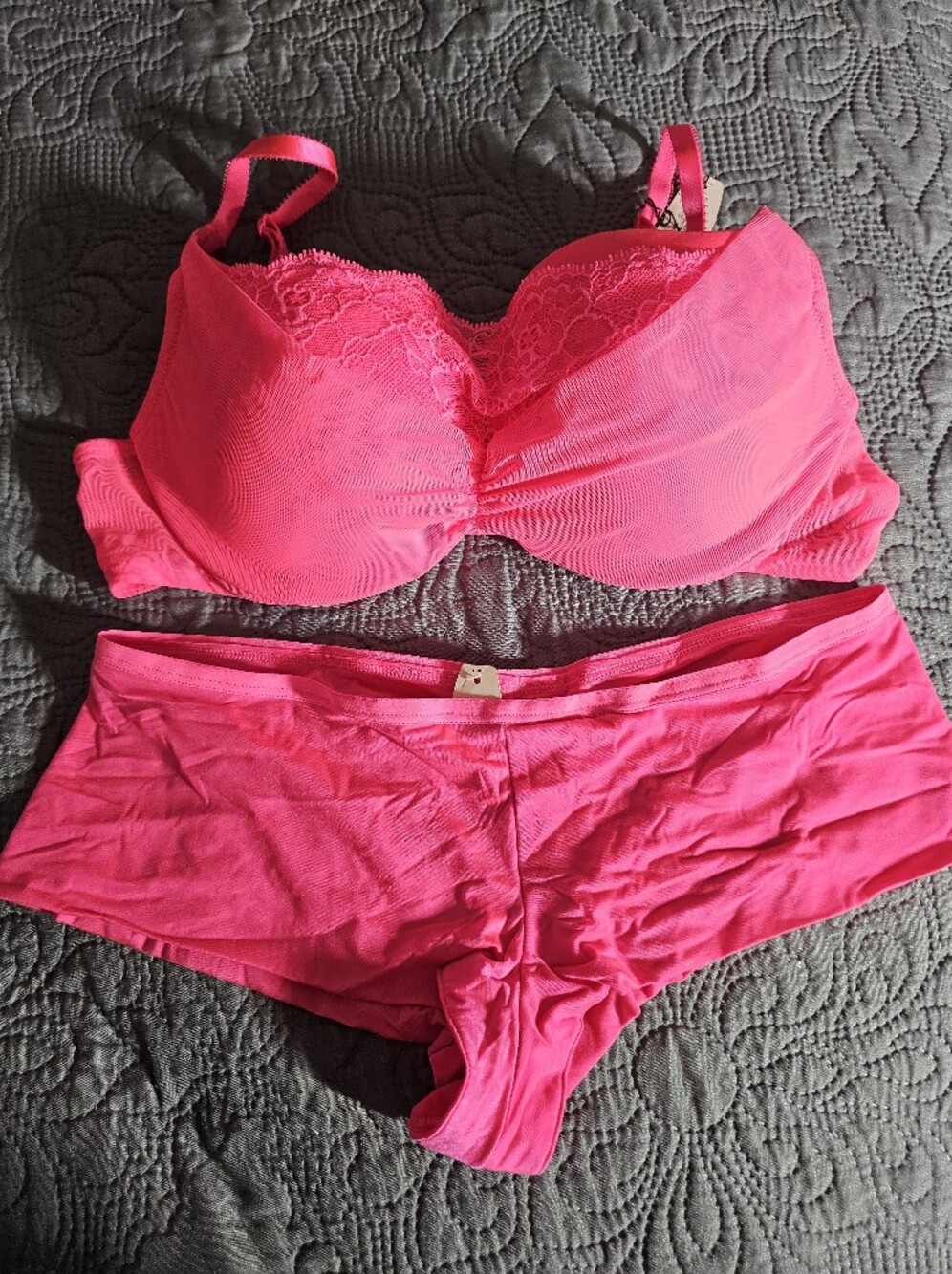 Victoria's Secret Bright Pink Lace-Trim Bra & Boyshorts Set